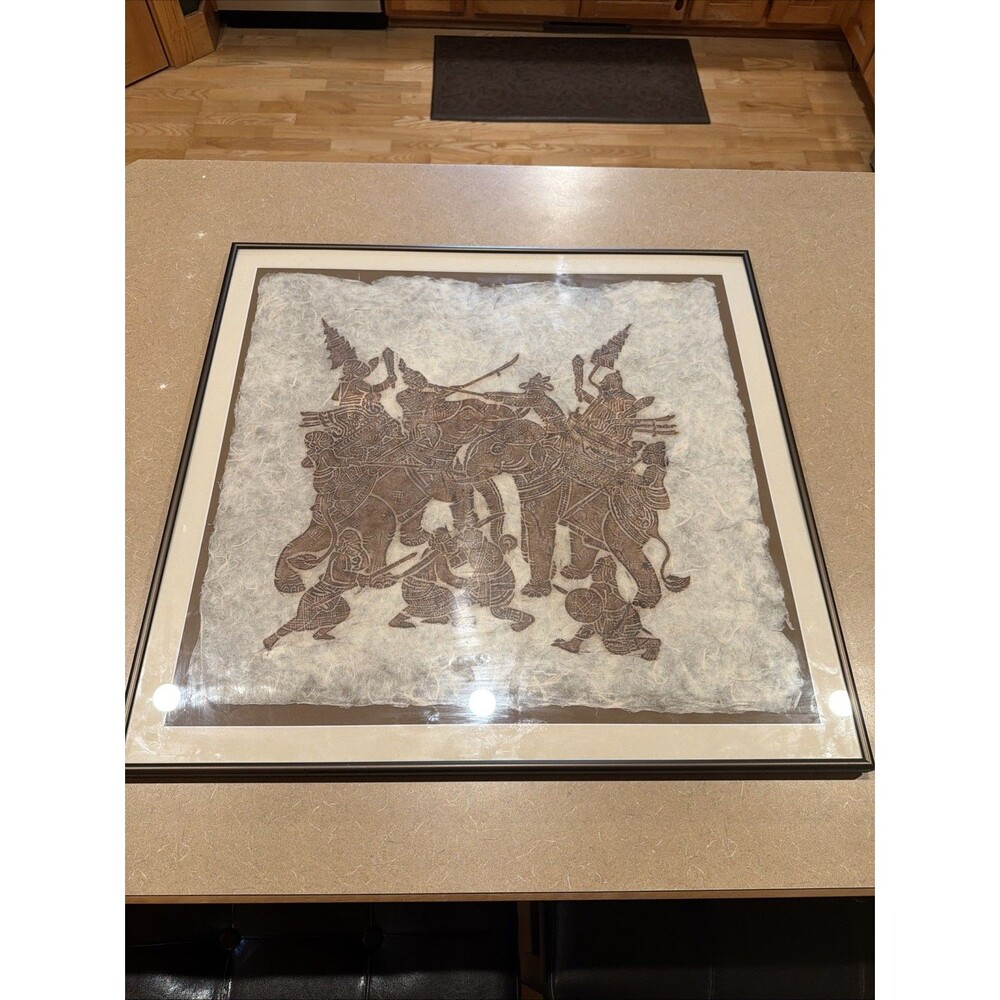 Framed Old Large Thai Rubbing on Rice Paper from Temple ~ Elephant Battle Scene